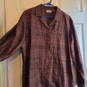 CHICO'S Size 3 brown silk blouse embroidery beads VG pre-owned